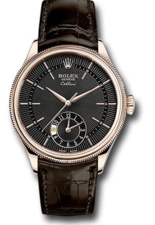 Replica Rolex Cellini Dual Time Watch 50525 Everose Black Dial Brown Leather Strap